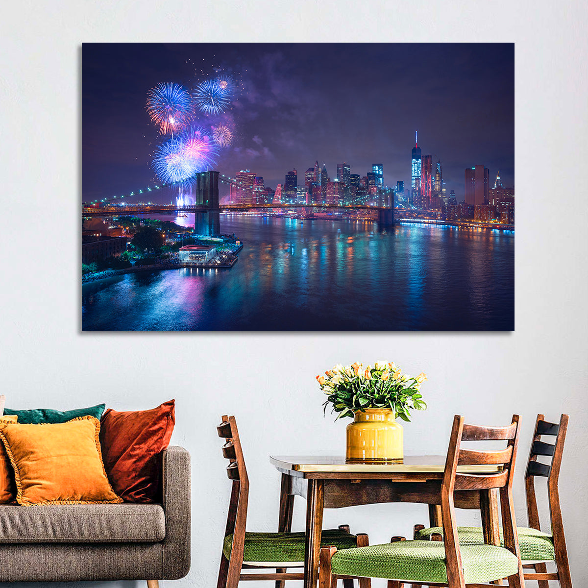 Fireworks Over Brooklyn Bridge Wall Art in a room, landscape