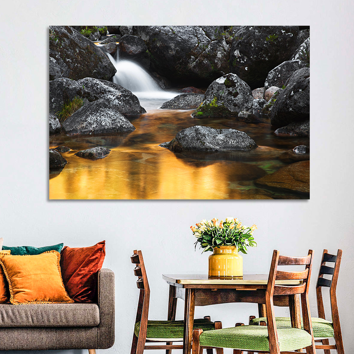 Golden Stream Waterfall Wall Art in a room, landscape