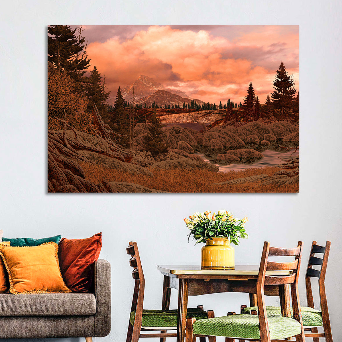Rocky Mountain Lake at Dusk Wall Art in a room, landscape