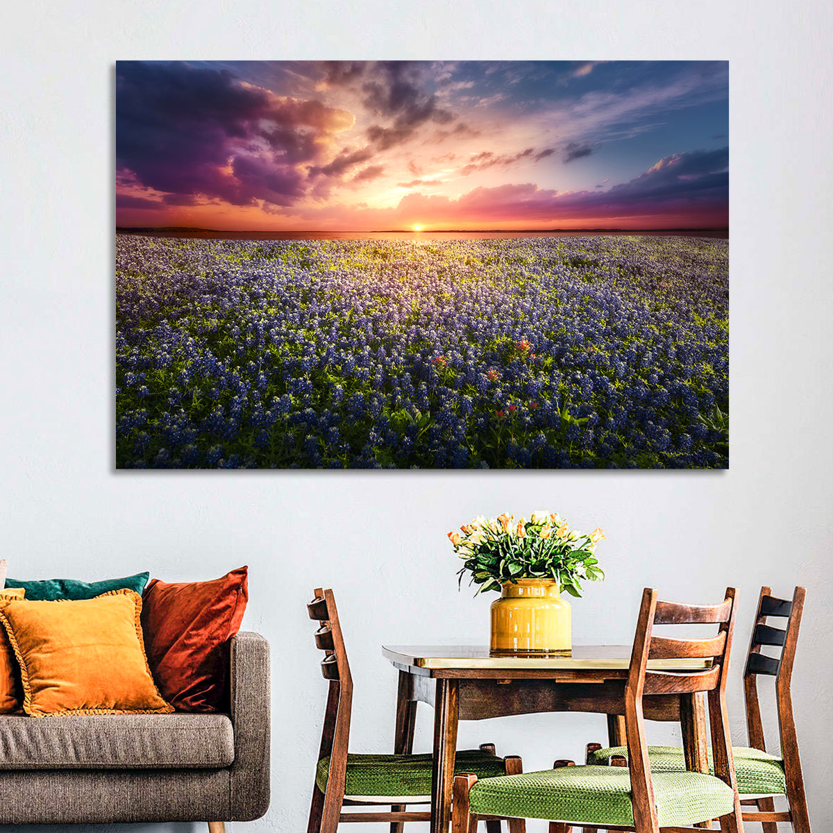 Texas Bluebonnet Sunset Wall Art in a room, landscape