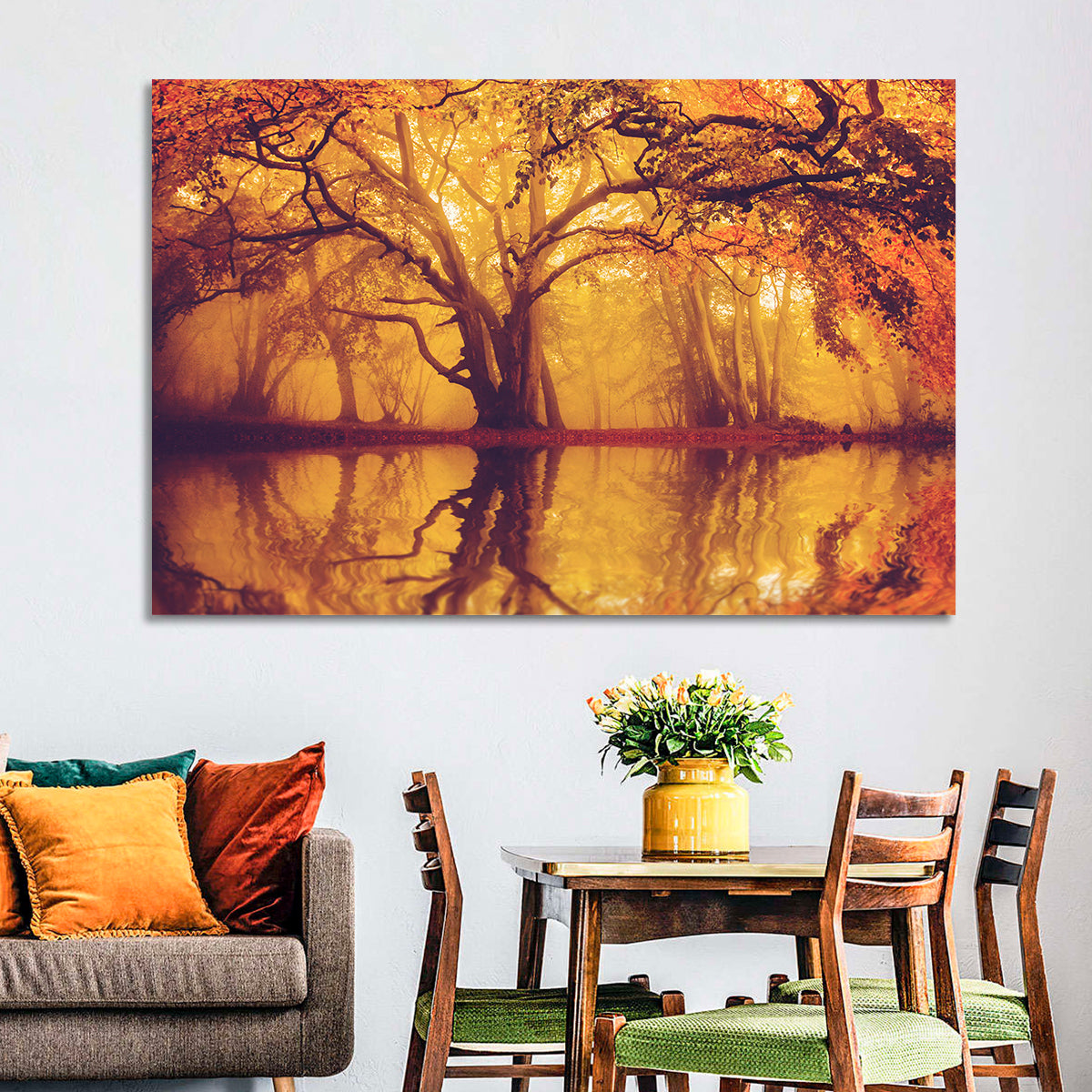 Golden Mist Forest Reflection Wall Art in a room, landscape