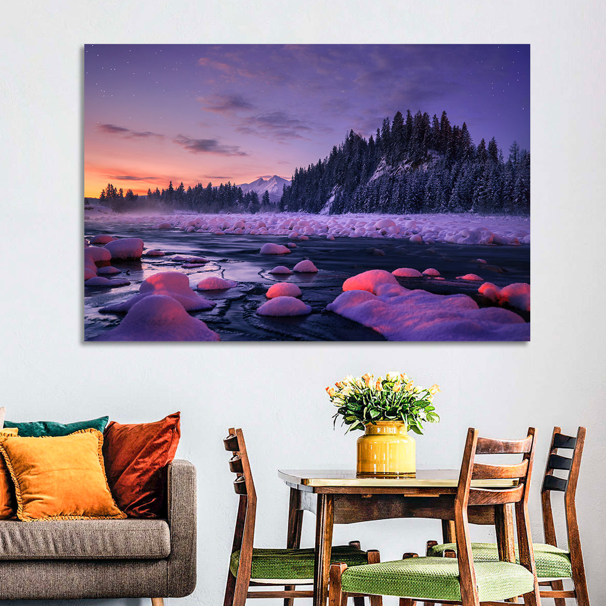 Twilight River and Snowy Pines Wall Art in a room, landscape