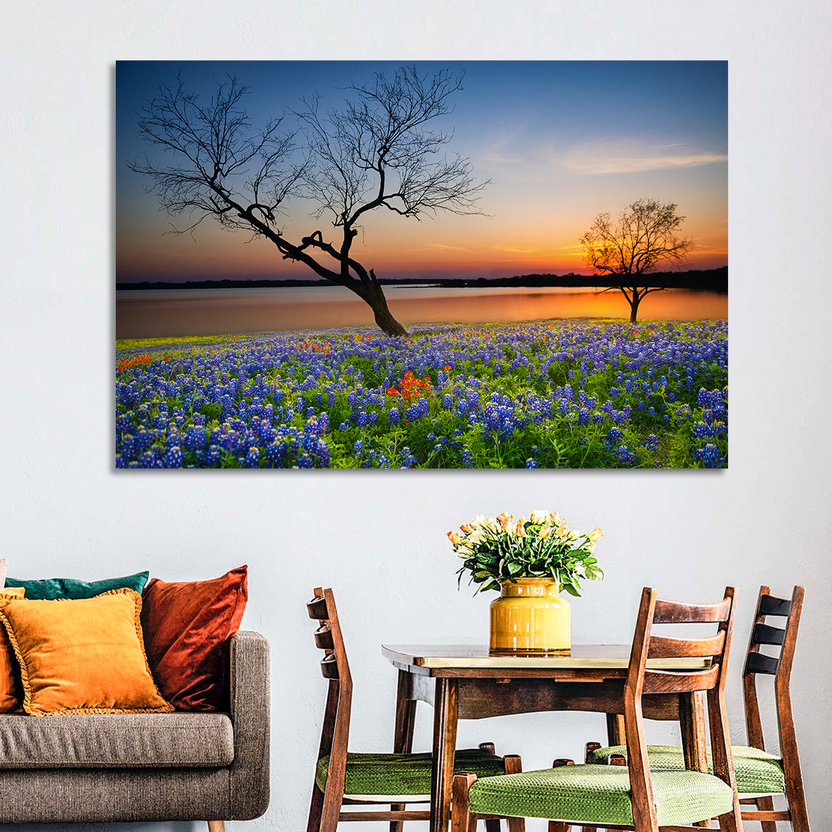 Texas Bluebonnet Sunset Wall Art in a room, landscape