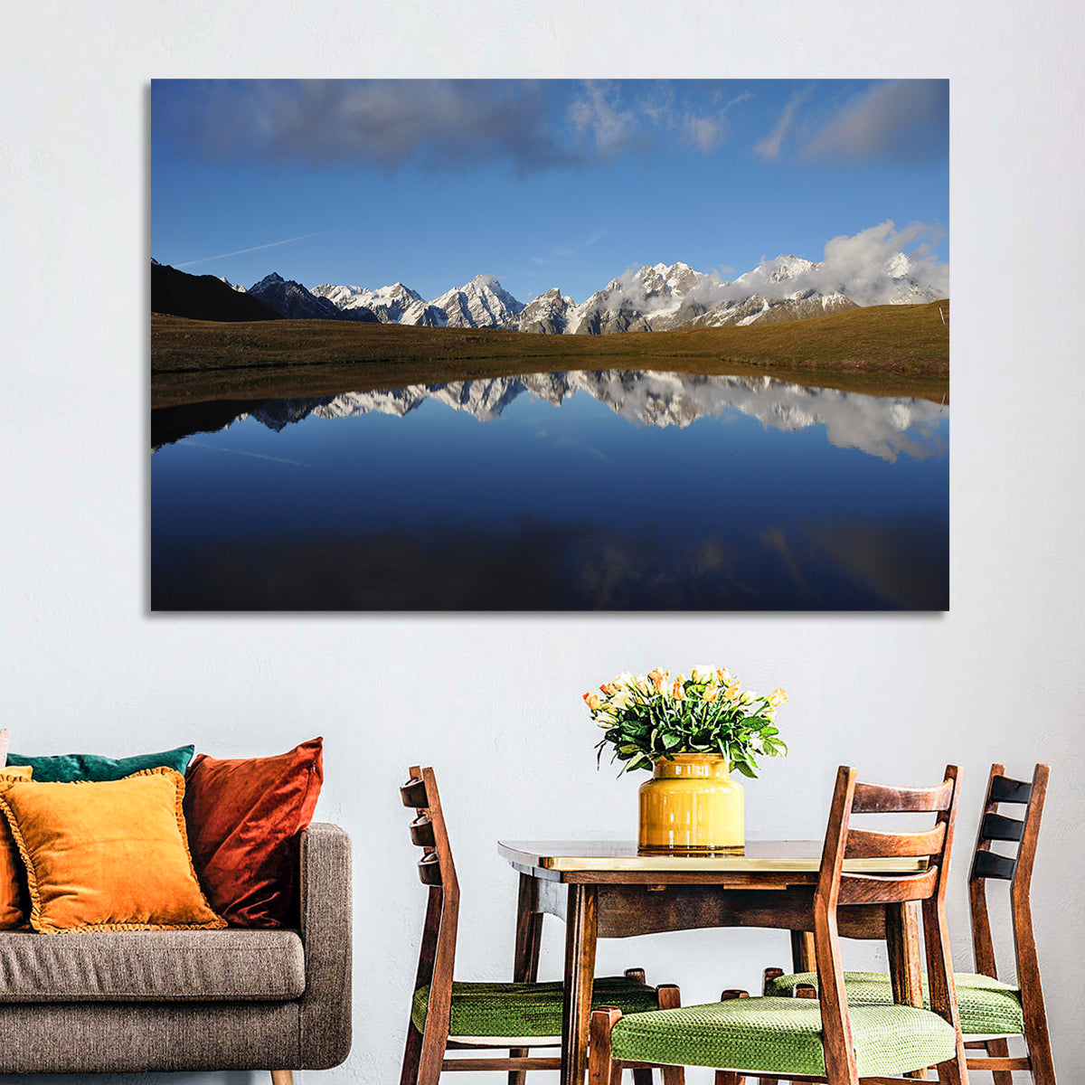 Svaneti Lake Reflection Wall Art in a room, landscape