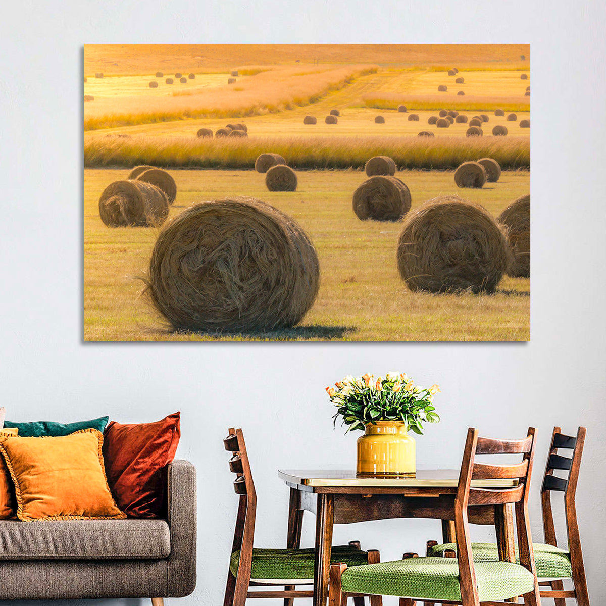 Hay Bales at Golden Hour Wall Art in a room, landscape