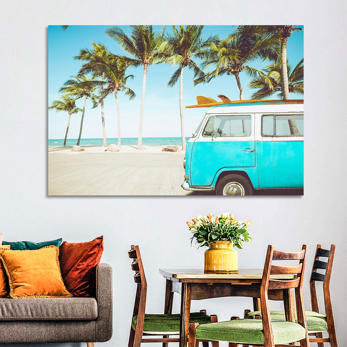 Vintage Vw Bus on Tropical Beach Wall Art