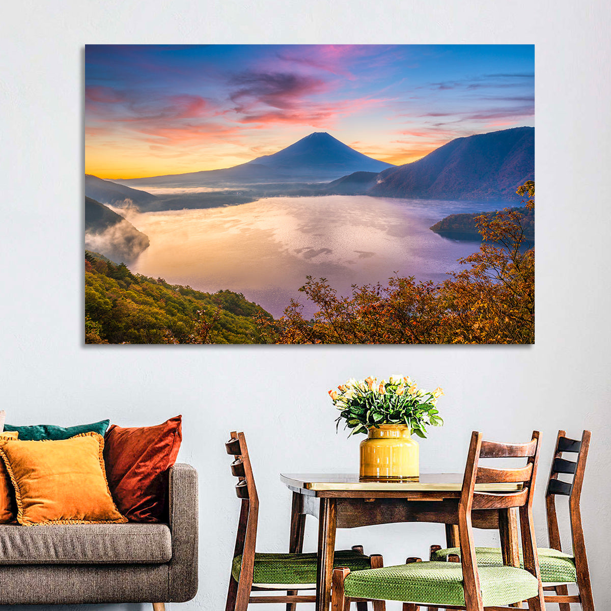Mount Fuji at Lake Motosu, Autumn Sunrise Wall Art in a room, landscape