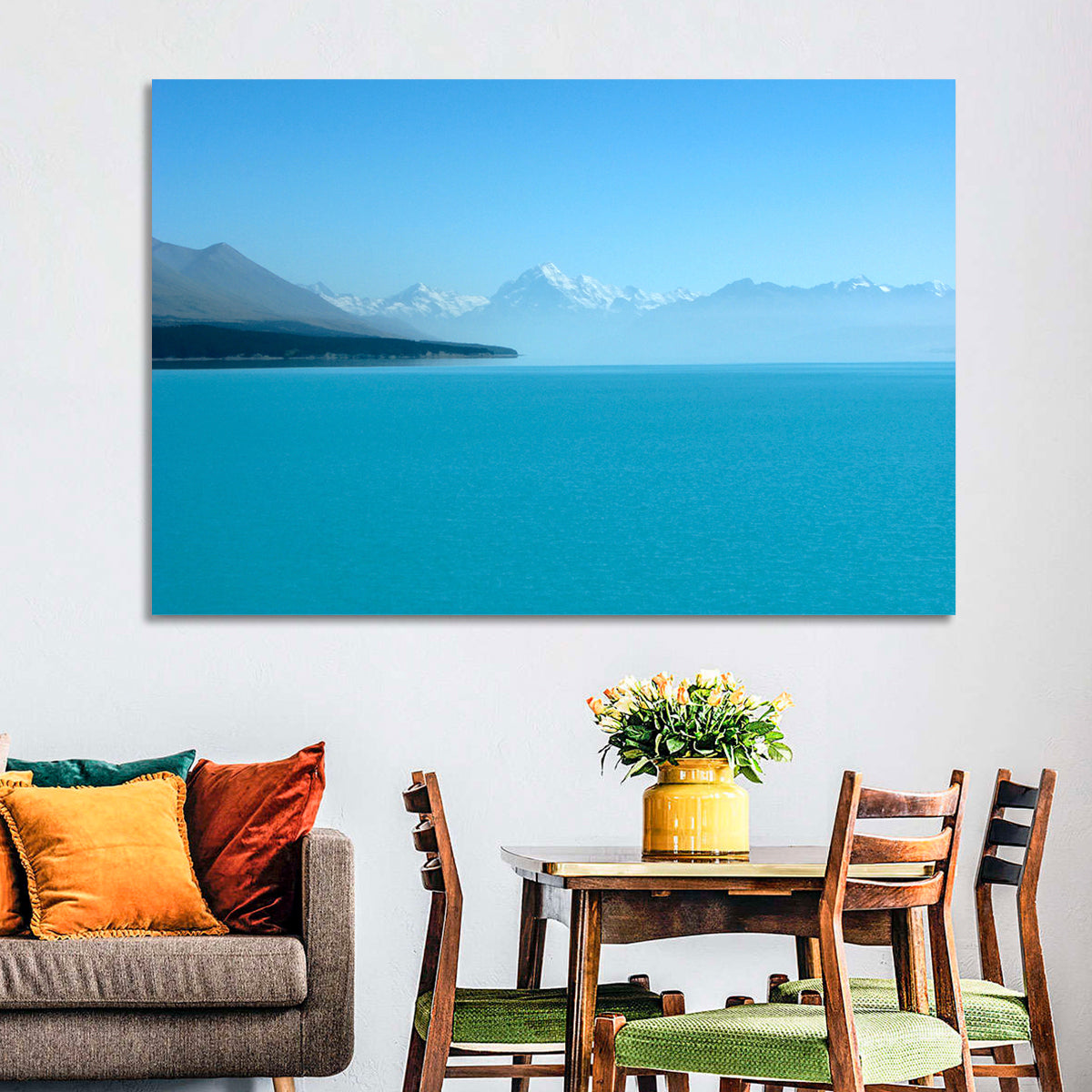 Turquoise Lake Pukaki View of Mount Cook Wall Art in a room, landscape