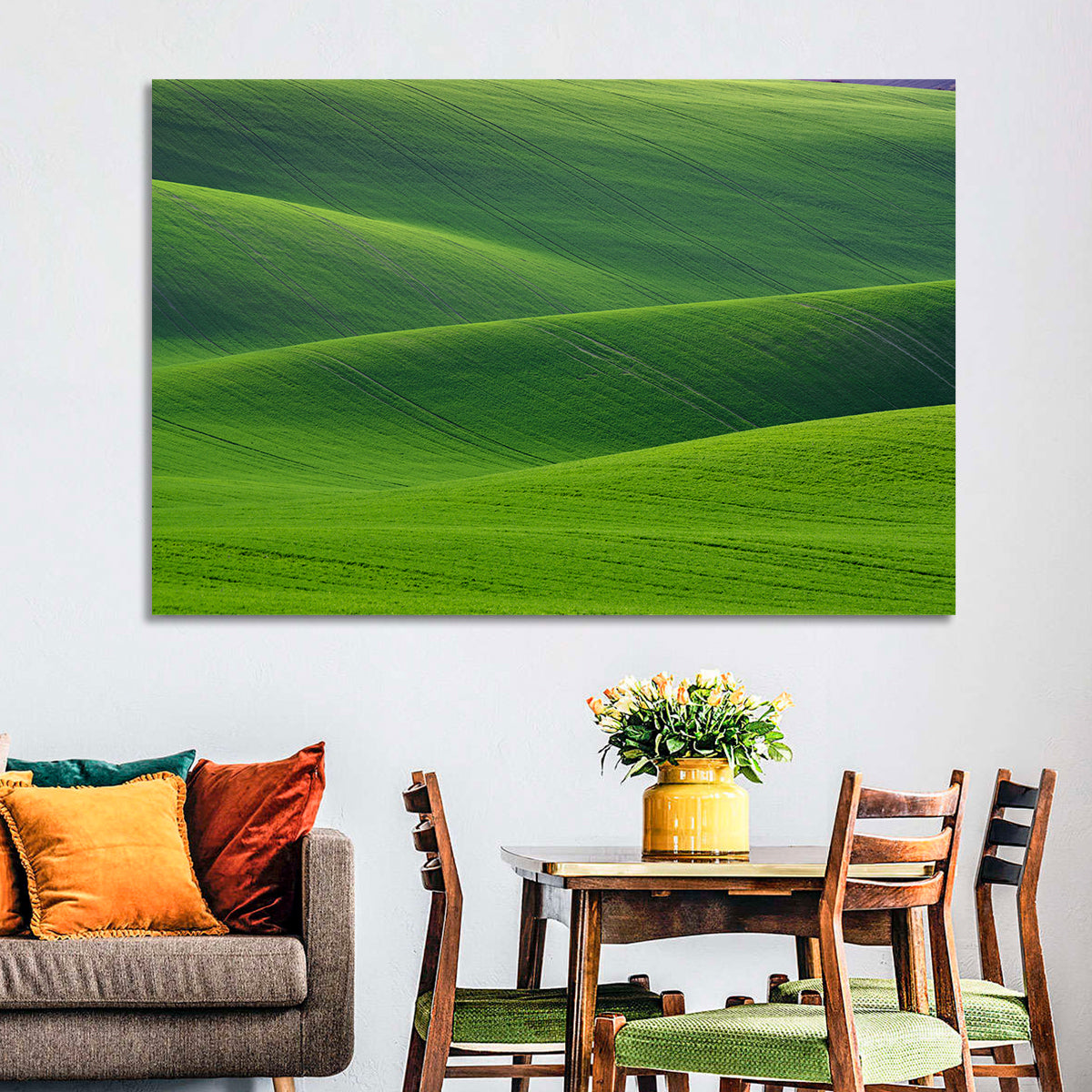Rolling Emerald Wheat Fields Wall Art in a room, landscape