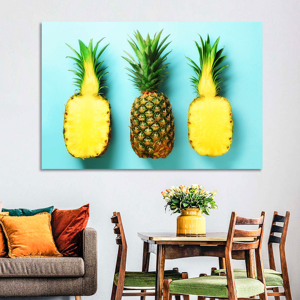 Three Pineapples Minimalist Design Wall Art in a room, landscape