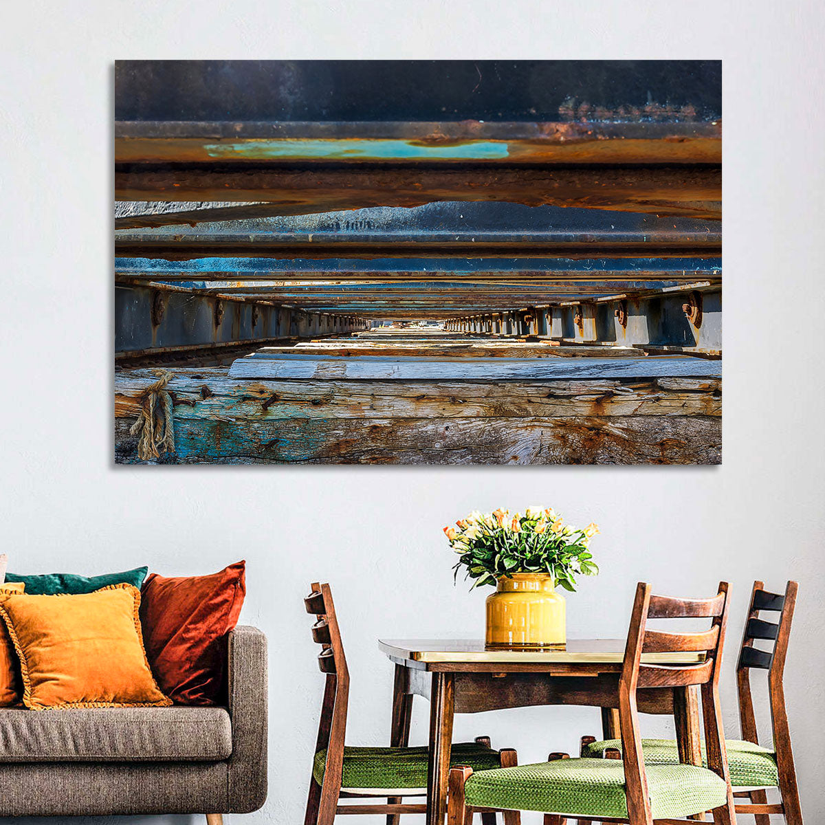 Weathered Dock Perspective Wall Art in a room, landscape