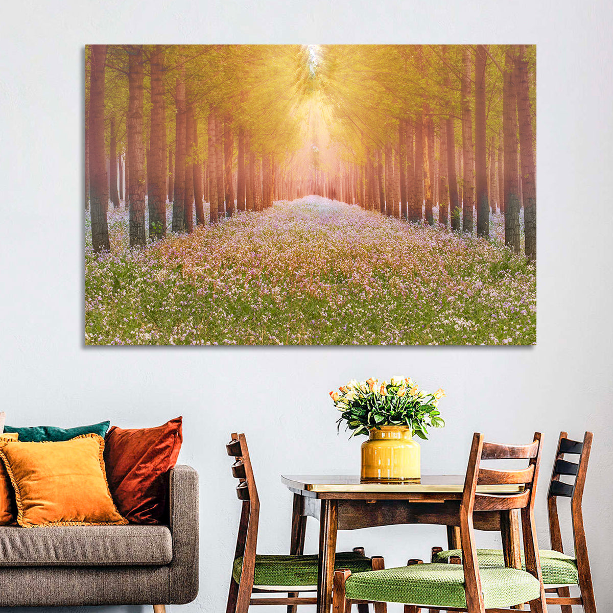 Golden Morning Forest Path Wall Art in a room, landscape