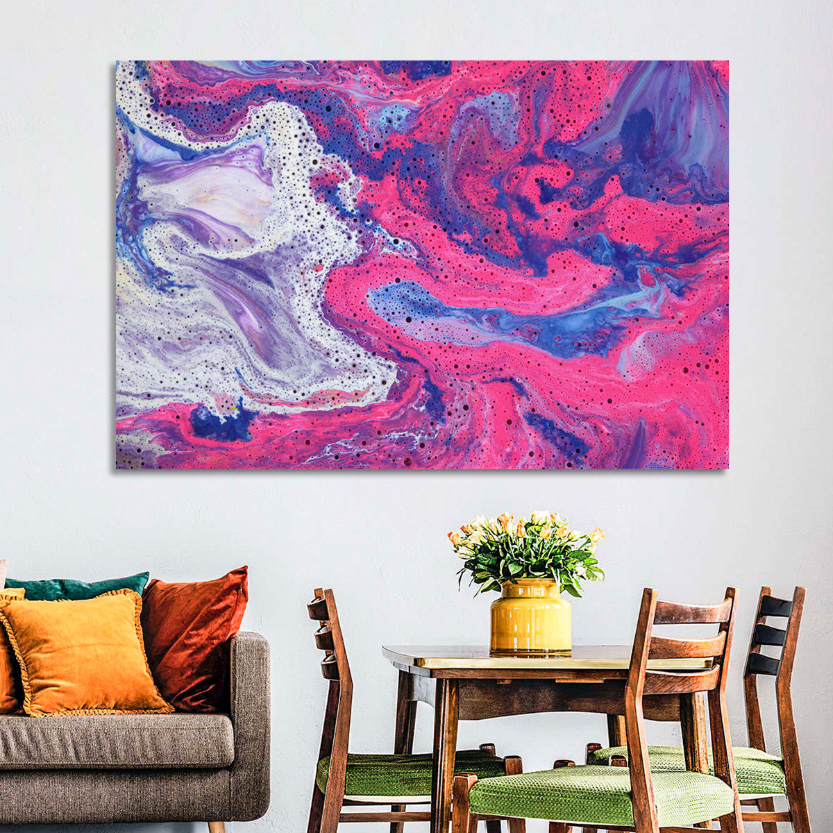 Magenta Bubble Fluid Abstraction Wall Art in a room, landscape