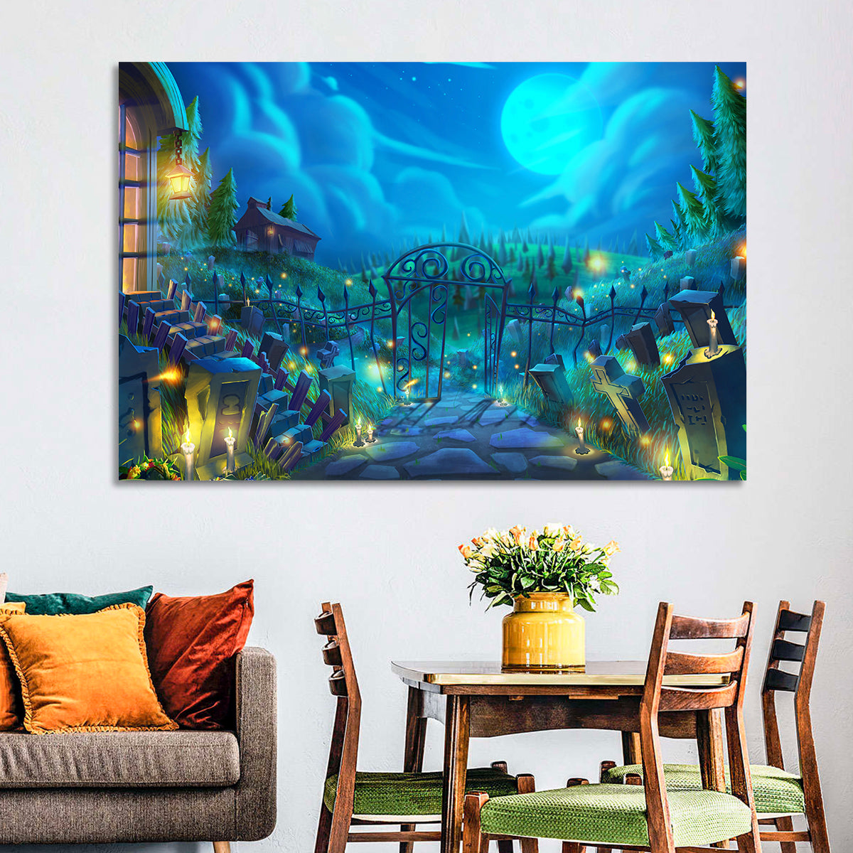 Halloween Cemetery Gate Illustration Wall Art in a room, landscape