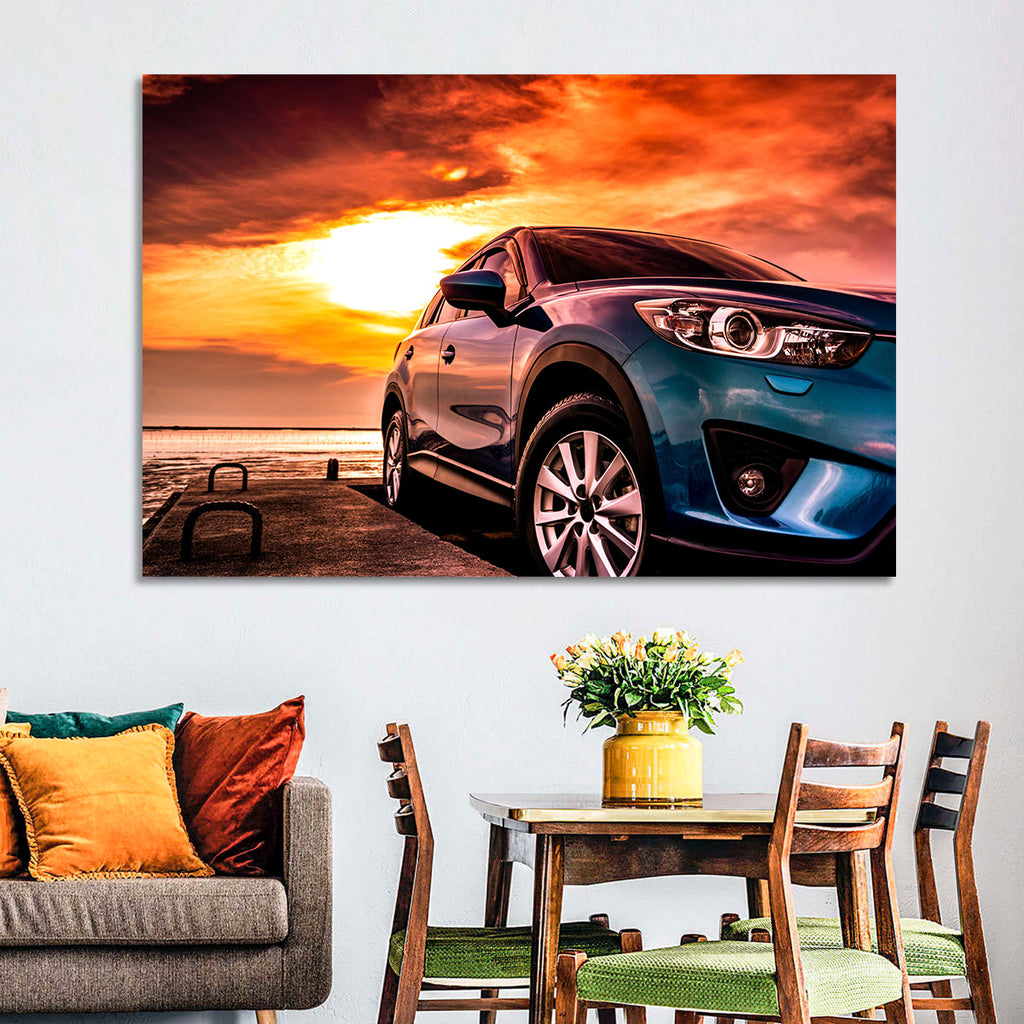 Suv on Pier at Sunset Wall Art