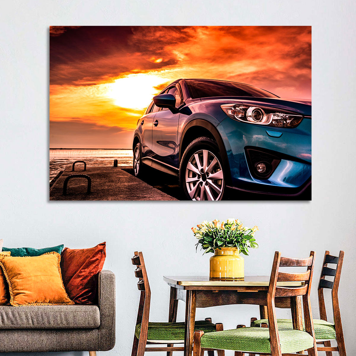 Suv on Pier at Sunset Wall Art in a room, landscape