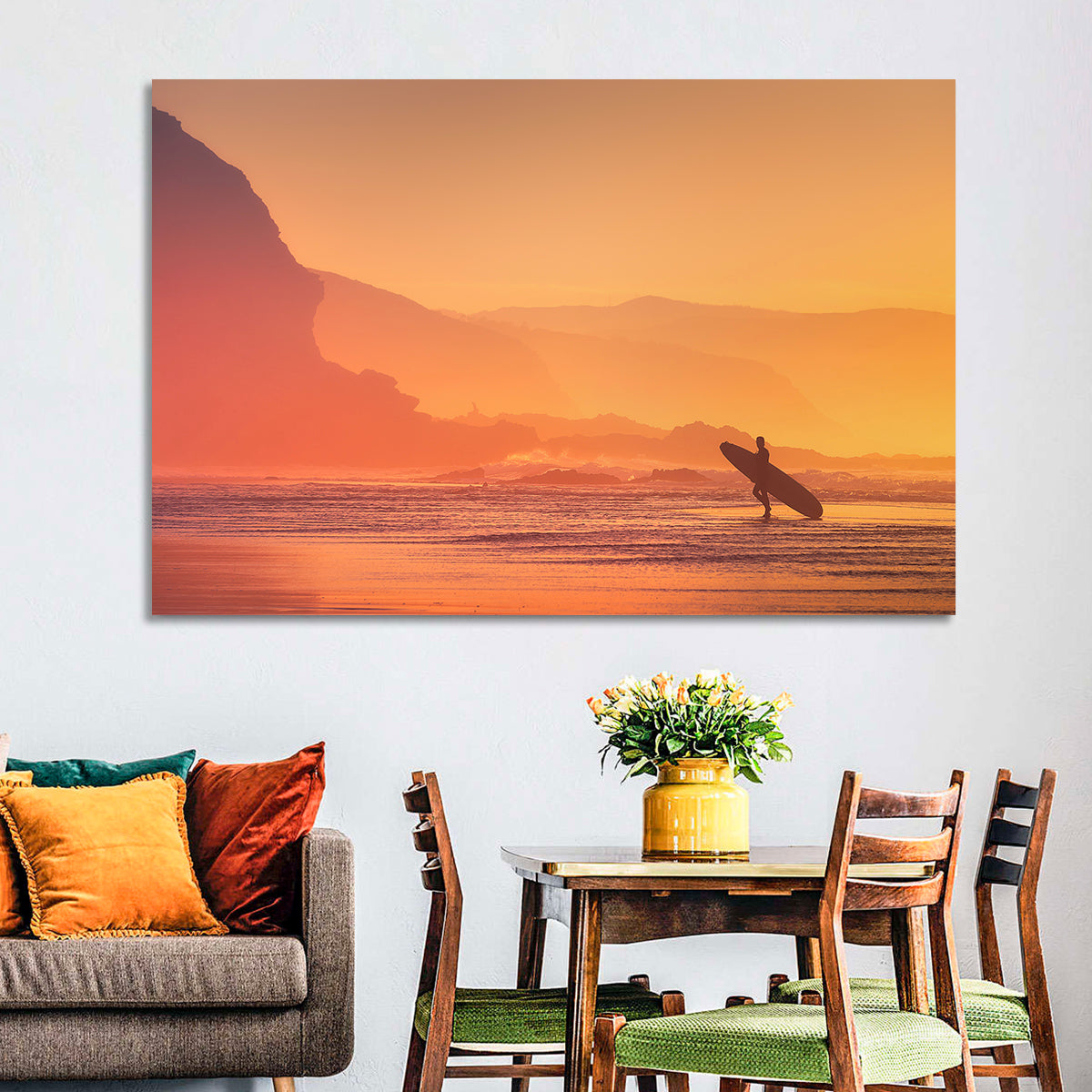 Surfer Silhouette at Golden Sunset Wall Art in a room, landscape