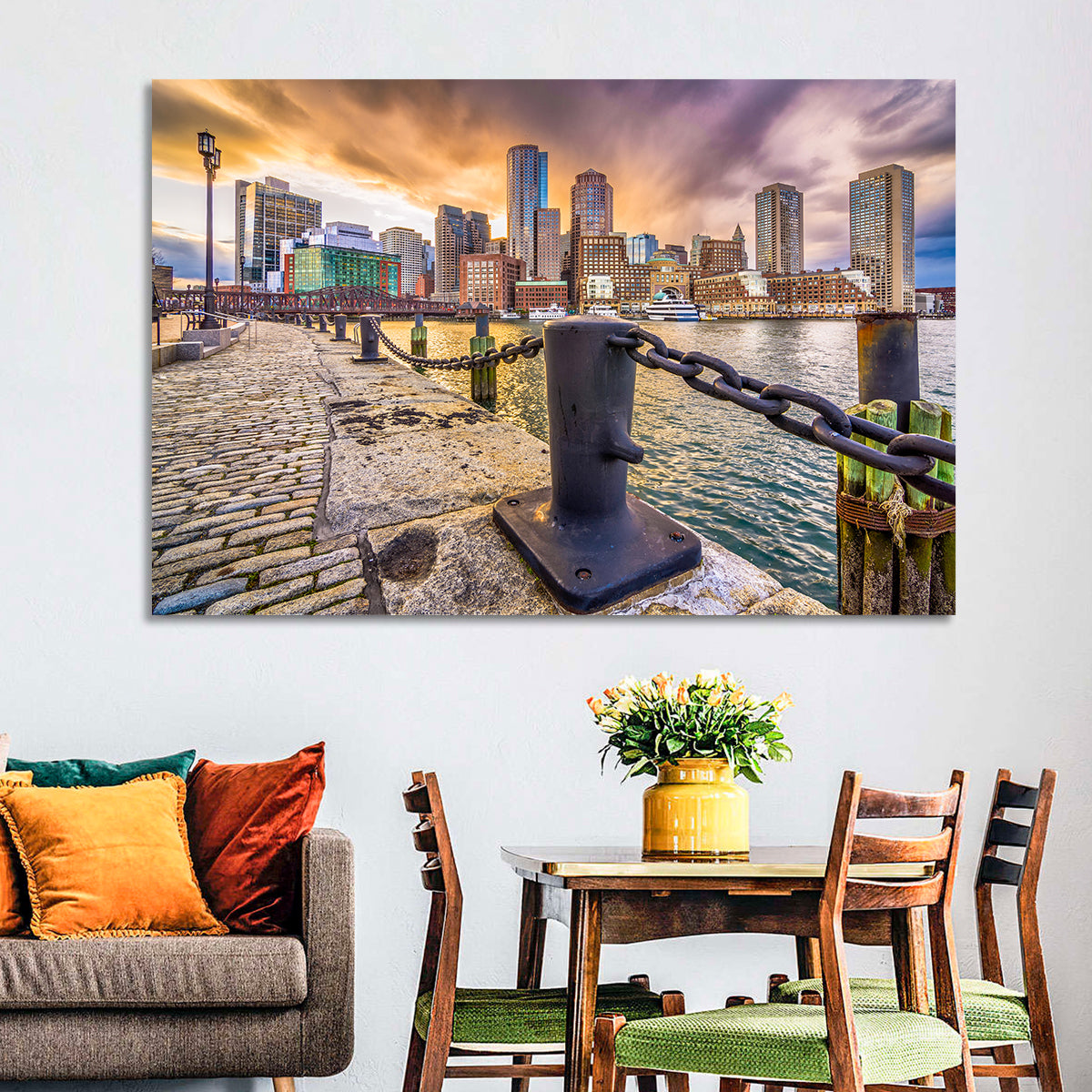 Boston Harbor at Dusk Wall Art in a room, landscape
