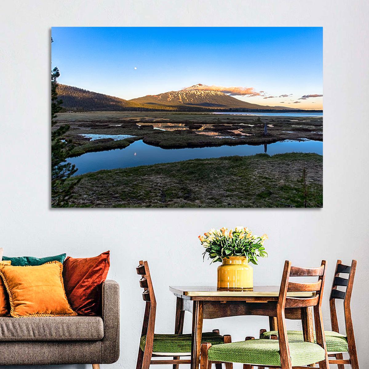 Mount Bachelor Moonlit Sunset Wall Art in a room, landscape
