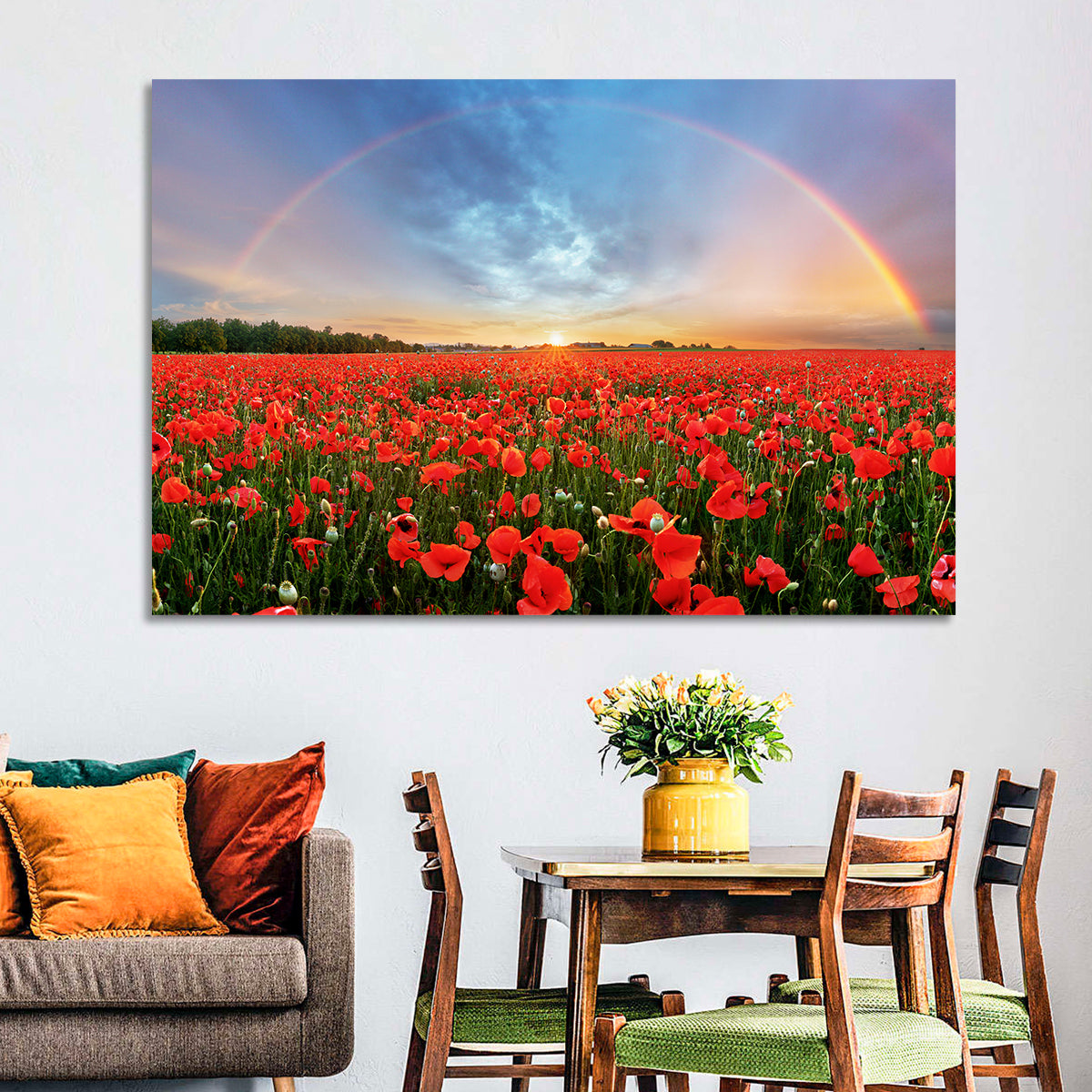 Poppy Field with Double Rainbow Wall Art in a room, landscape