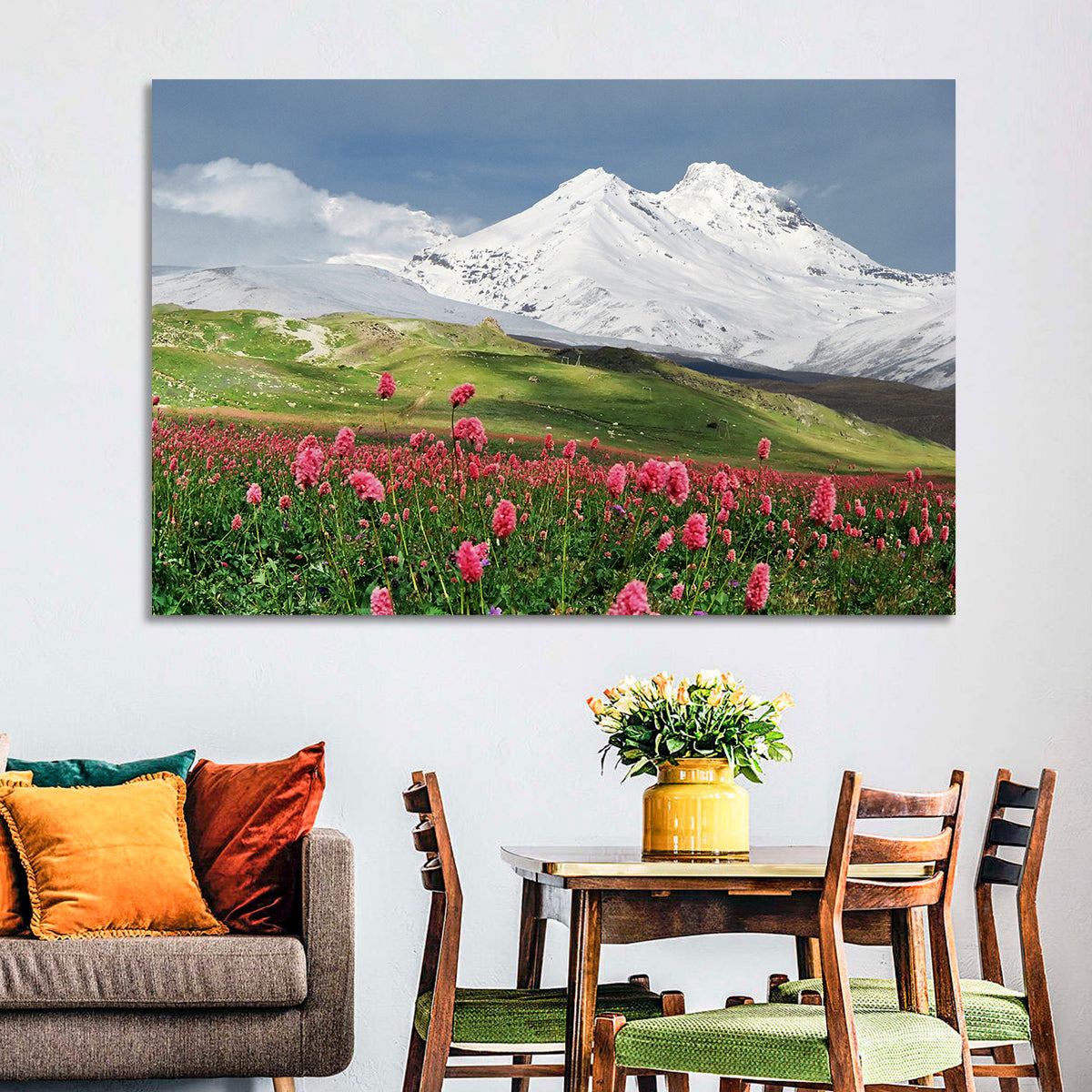 Caucasus Spring Wildflower Meadow Wall Art in a room, landscape