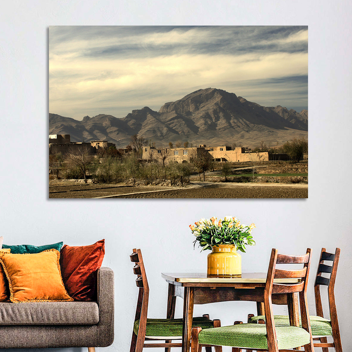 Afghan Mountain Village Wall Art in a room, landscape