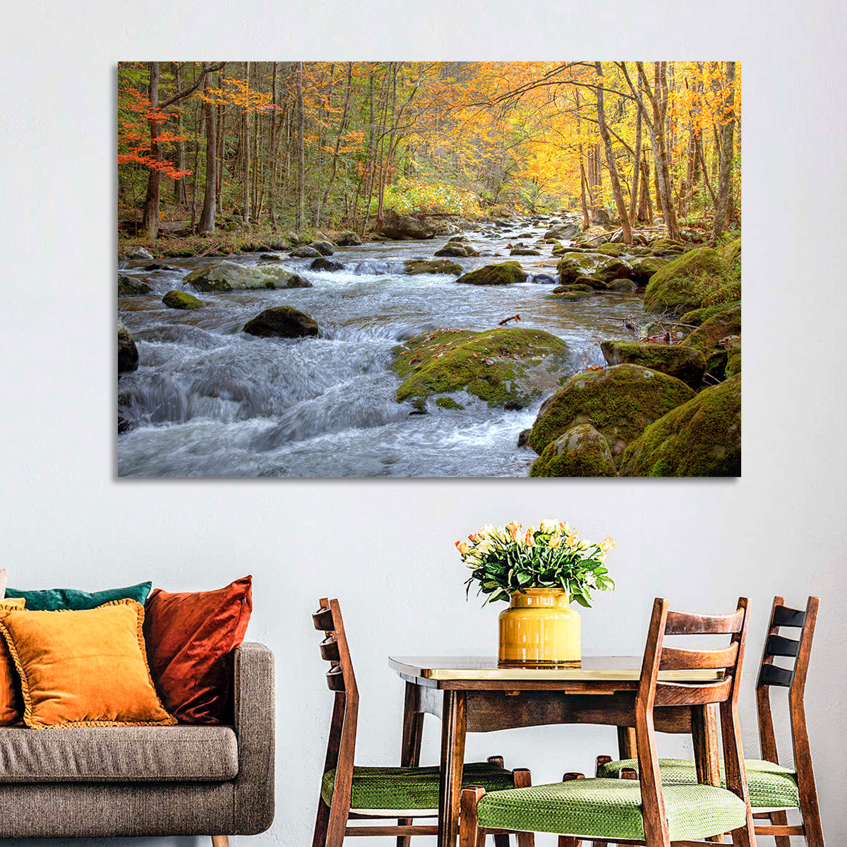 Autumn Mountain Stream Wall Art in a room, landscape