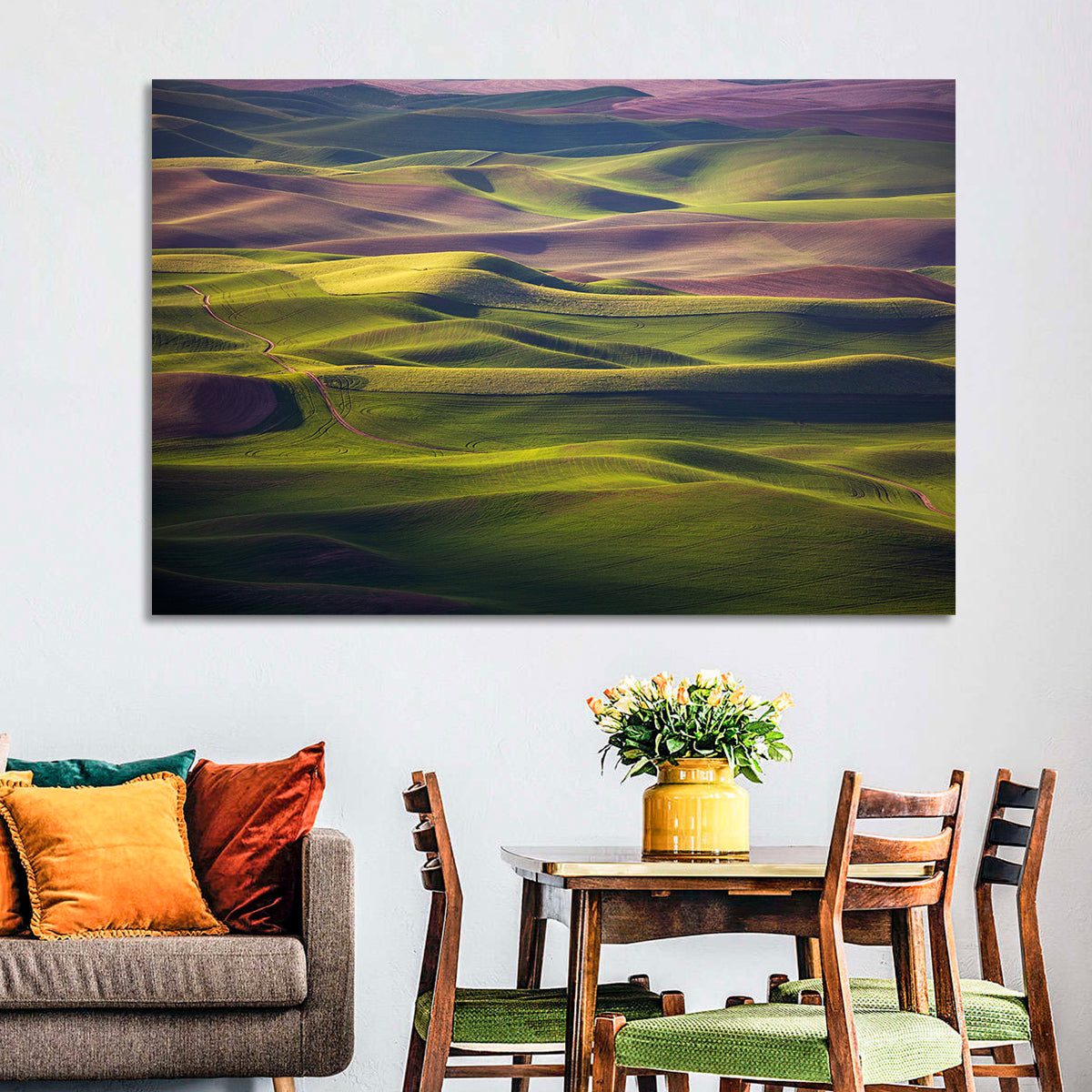 Palouse Farmland at Golden Hour Wall Art in a room, landscape