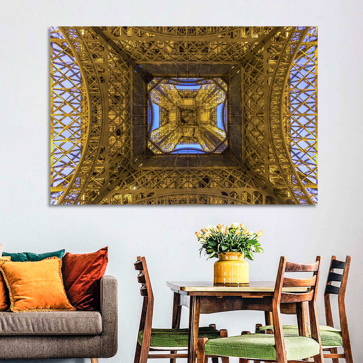 Eiffel Tower Lattice at Dusk Wall Art in a room, landscape