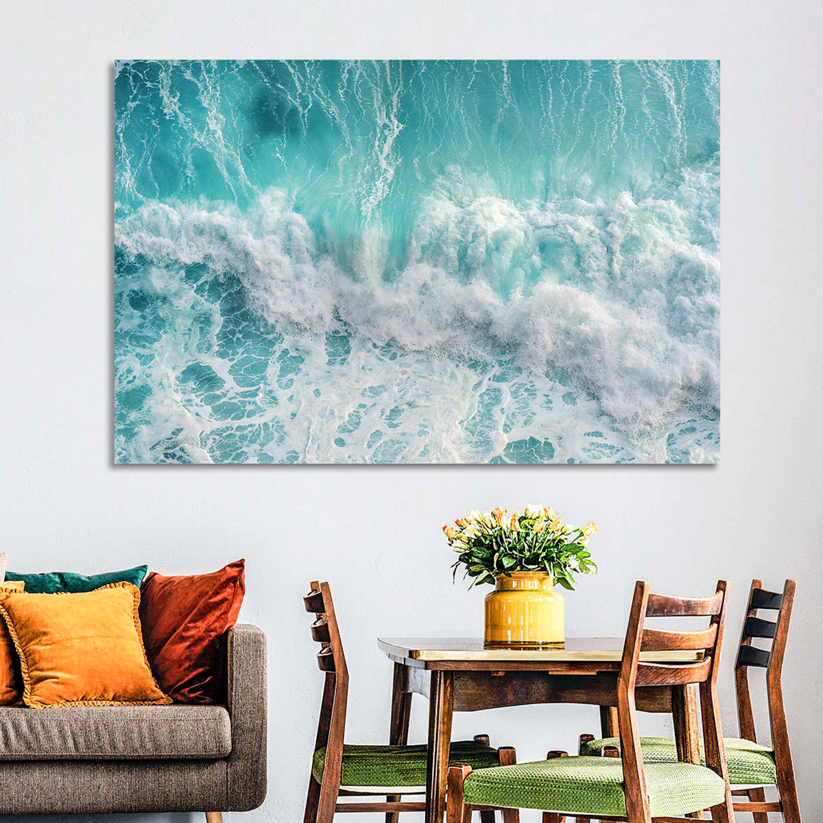Top Down Turquoise Wave Wall Art in a room, landscape
