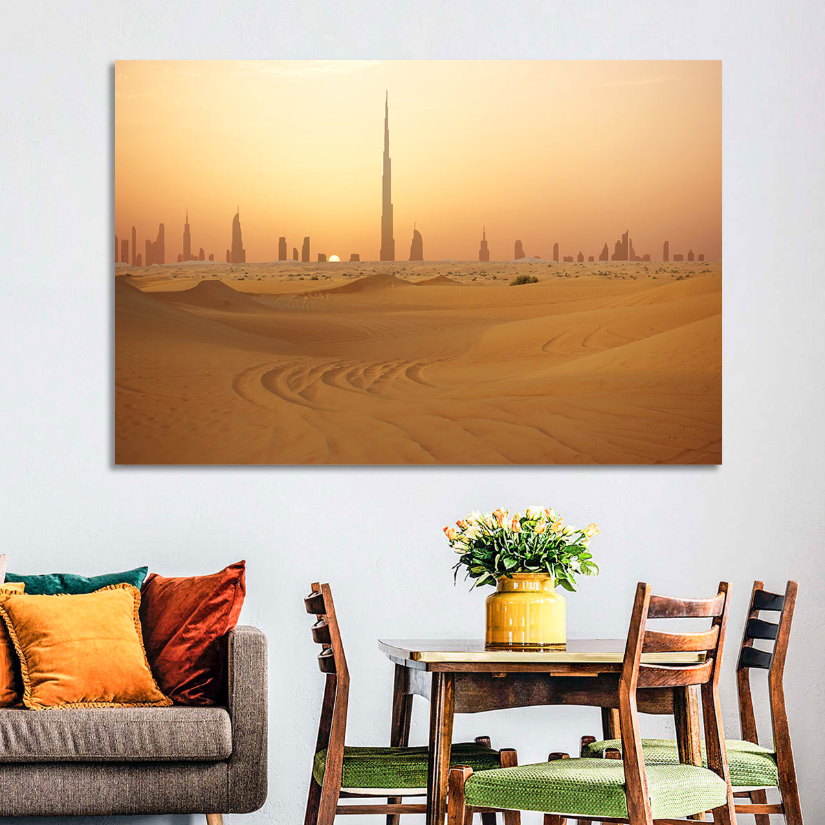 Dubai Skyline at Sunset Wall Art in a room, landscape