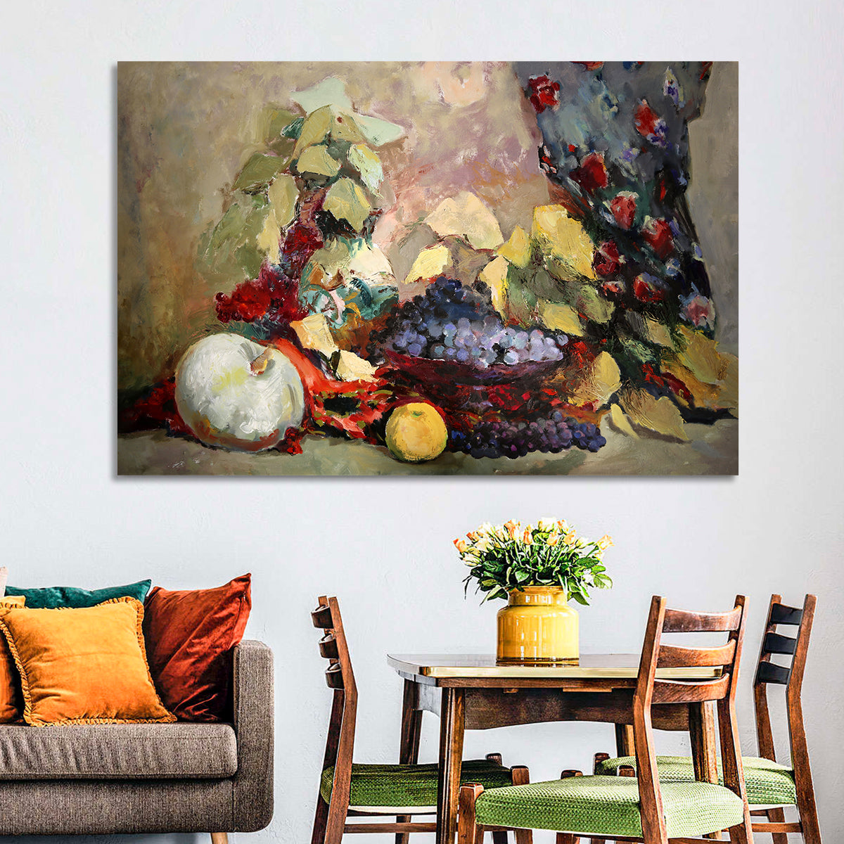 Grapes and Melon Still Life Wall Art in a room, landscape