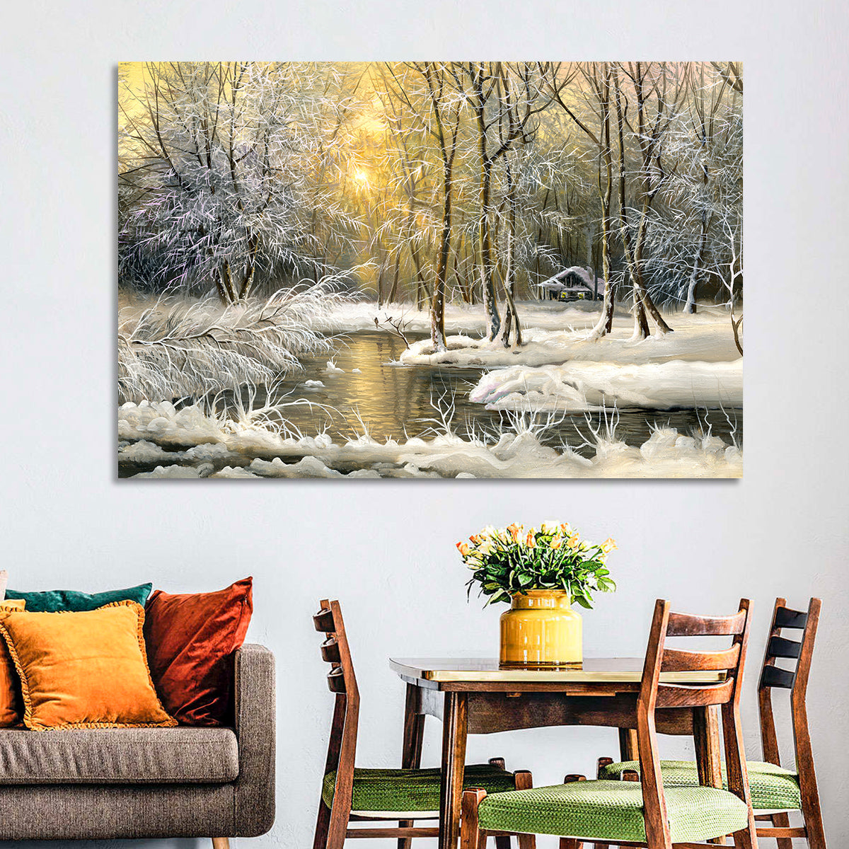 Sunlit Winter Cabin Wall Art in a room, landscape