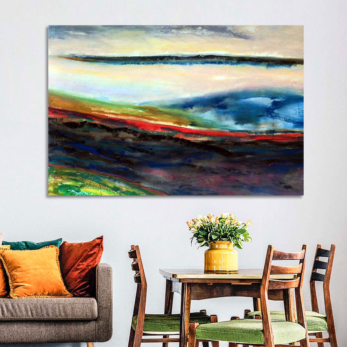 Moody Horizon Stripe Abstract Landscape Wall Art in a room, landscape
