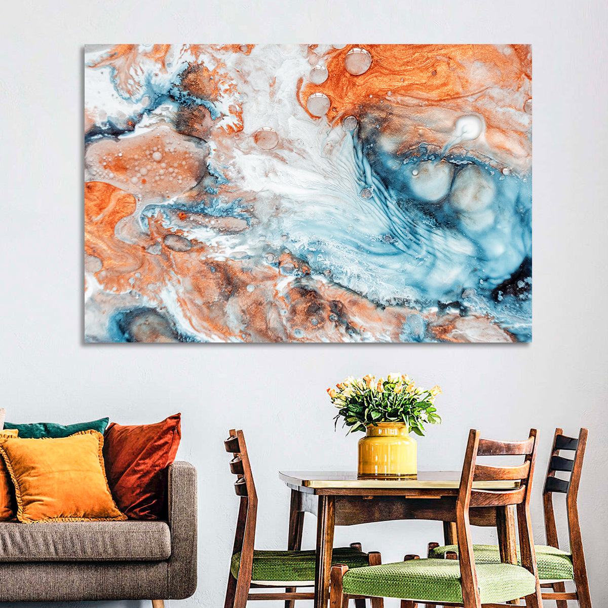 Copper Marble Fluid Abstract Wall Art in a room, landscape
