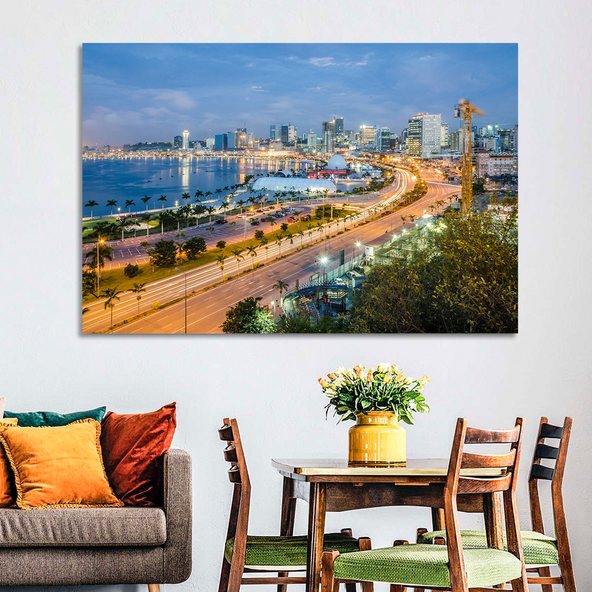 Luanda Bay Twilight Skyline Wall Art in a room, landscape