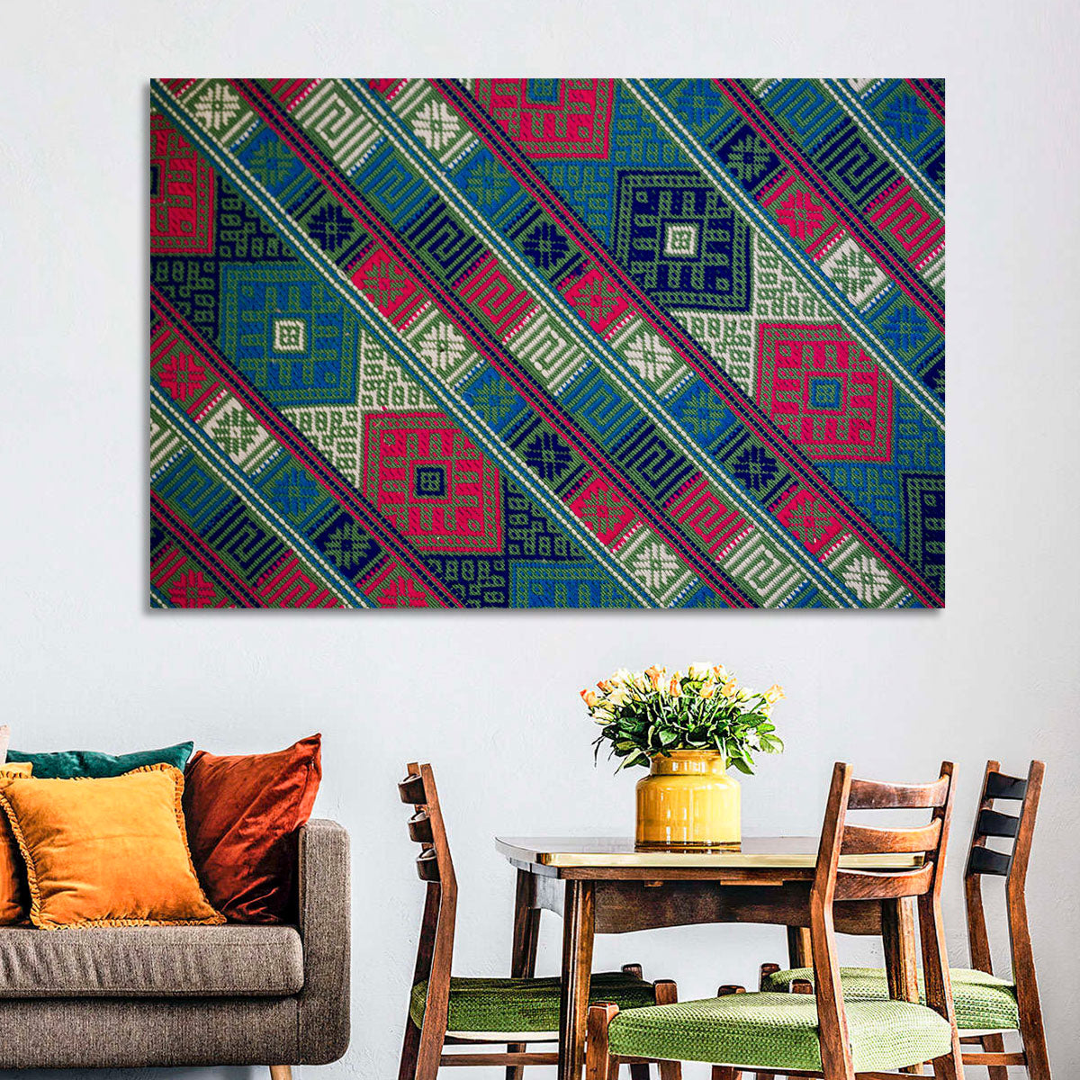 Handwoven Geometric Textile Wall Art in a room, landscape