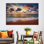 Golden Hour Beach Waves Under Cloudy Sky Wall Art