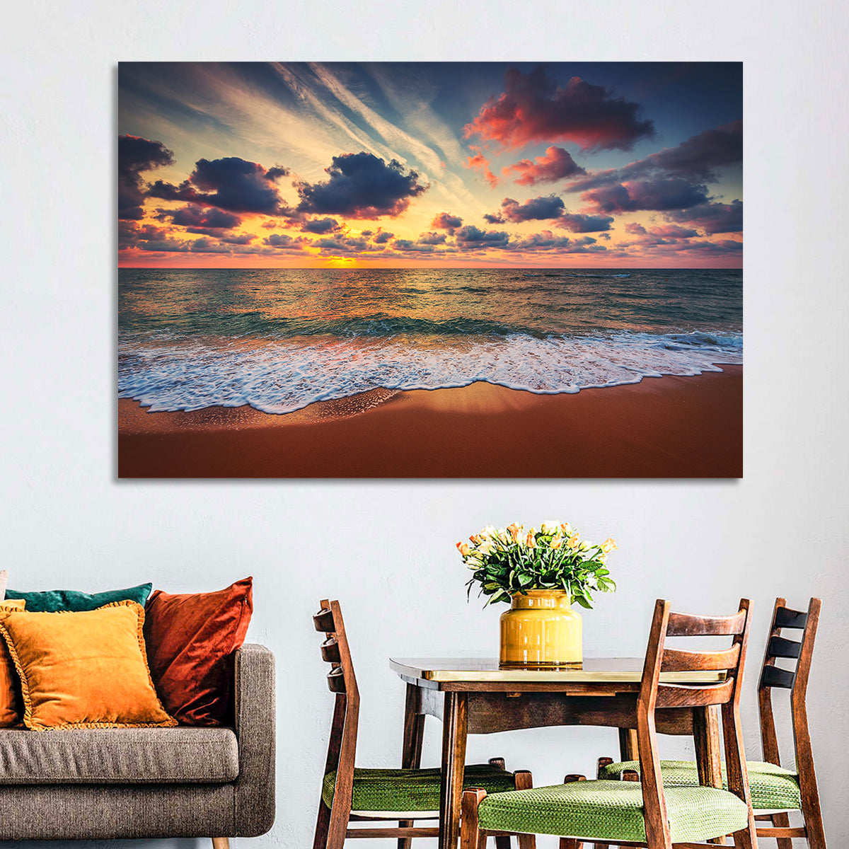 Golden Hour Beach Waves Under Cloudy Sky Wall Art
