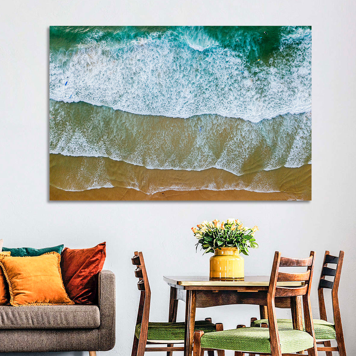 Aerial Teal Beach with Surfers Wall Art in a room, landscape