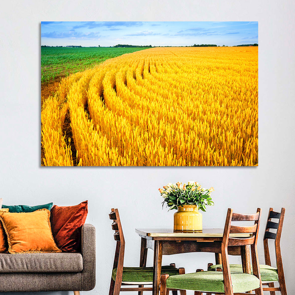 Summer Wheat Field with Curved Paths Wall Art in a room, landscape