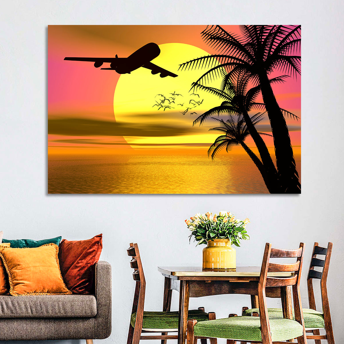 Wide-body Airplane Over Caribbean Dusk Wall Art in a room, landscape