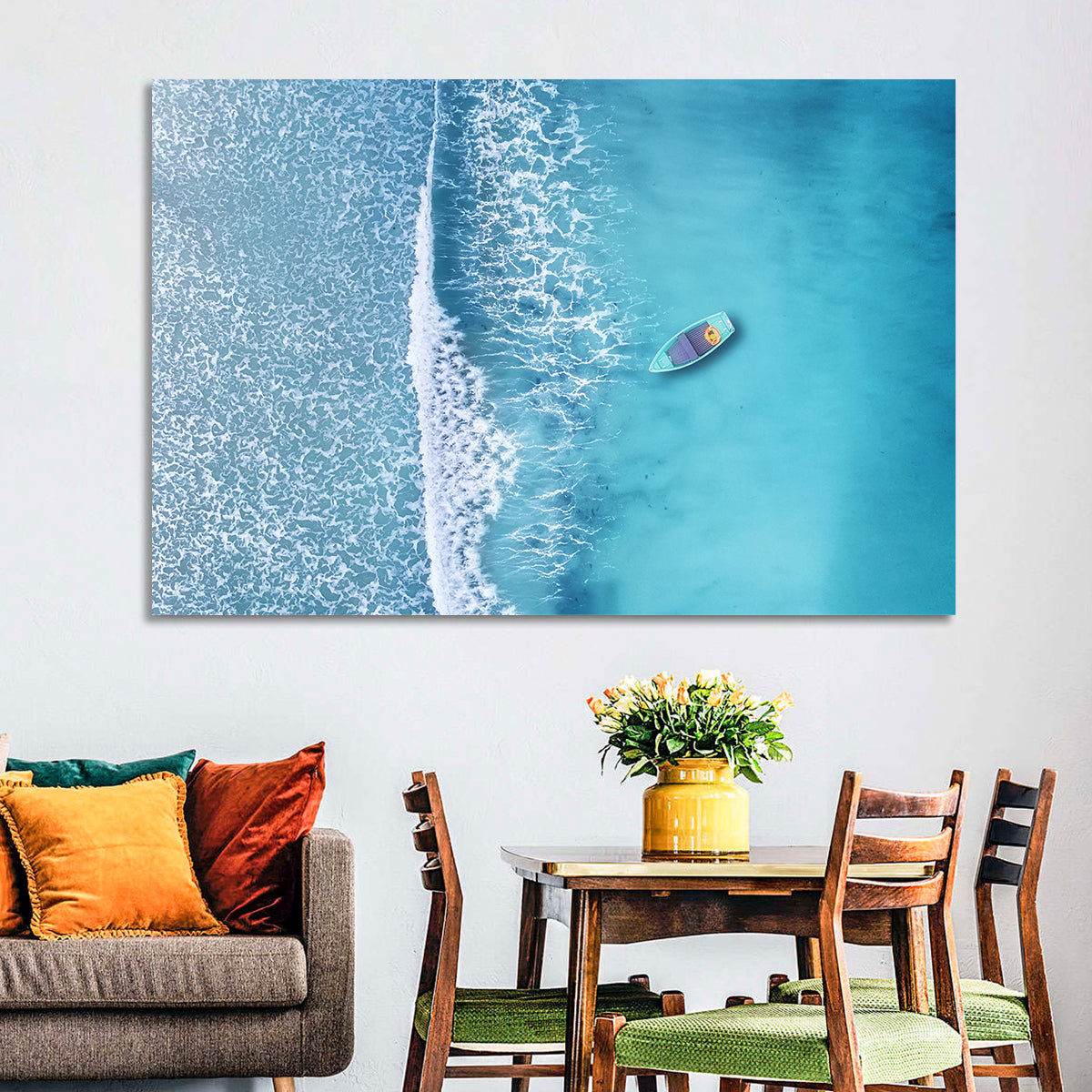 Lone Boat Over Turquoise Waves Wall Art in a room, landscape