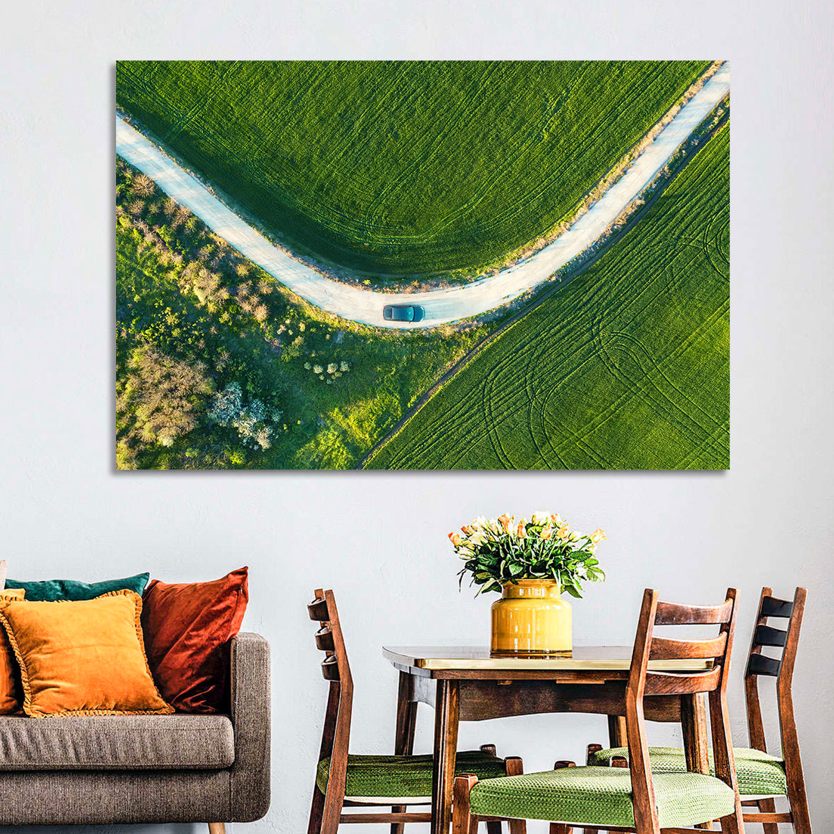 Aerial Farm Fields at Golden Hour Wall Art in a room, landscape
