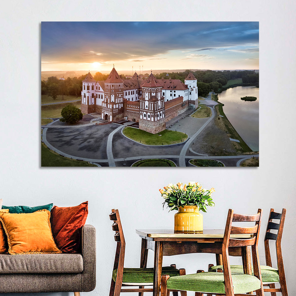 Mir Castle Sunrise Over Lake Wall Art in a room, landscape