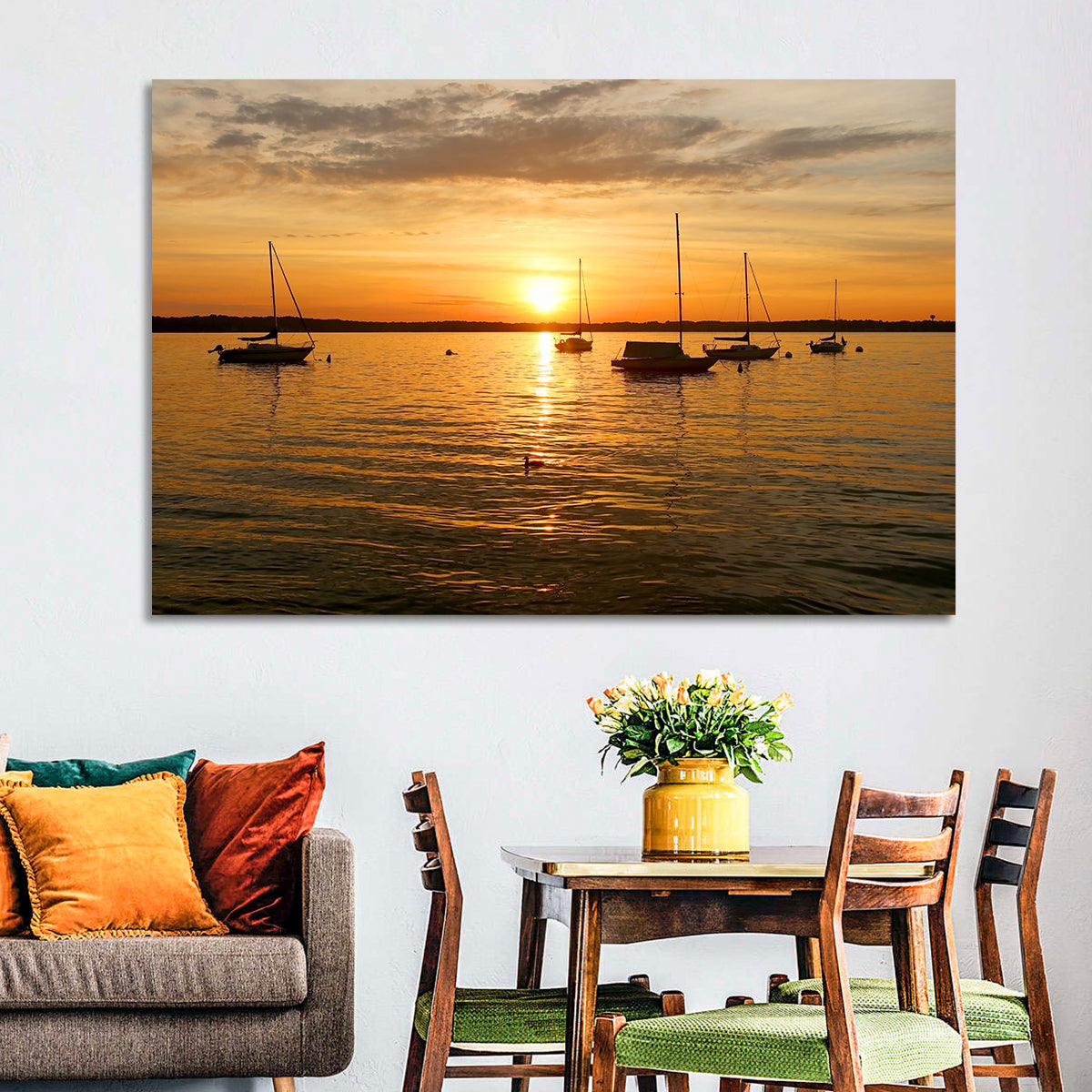 Lake Mendota Golden Sailboats Wall Art in a room, landscape