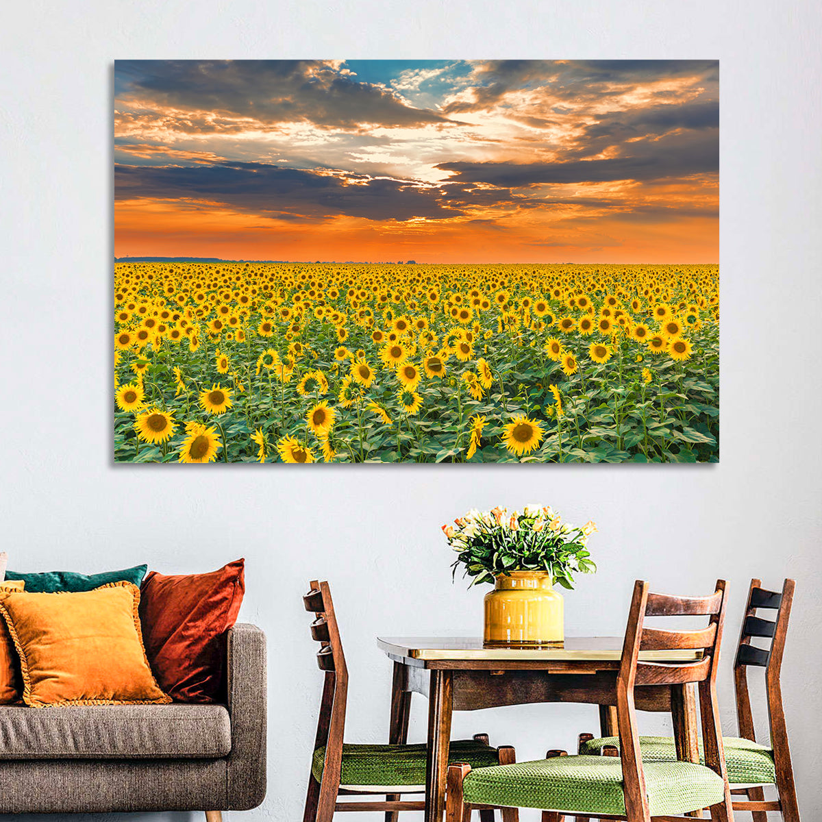 Golden Hour Sunflower Field Wall Art in a room, landscape