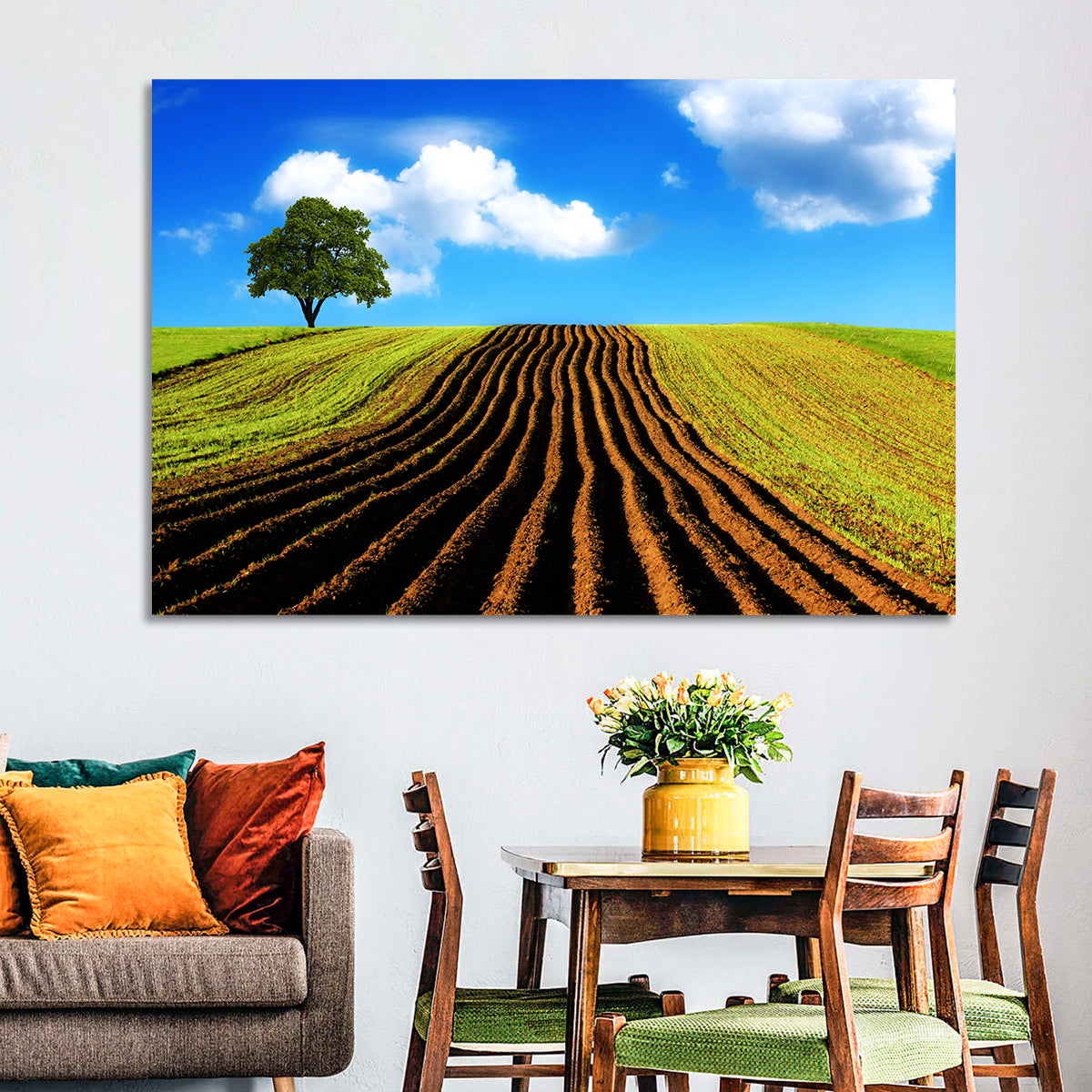 Plowed Field with Lone Tree Wall Art in a room, landscape