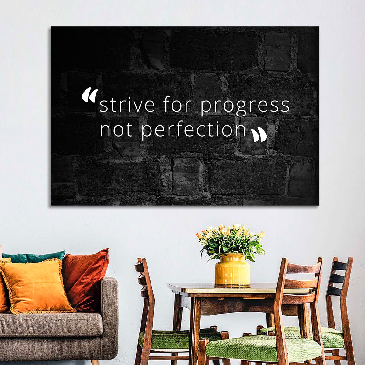Strive for Progress Brick Typography Wall Art in a room, landscape