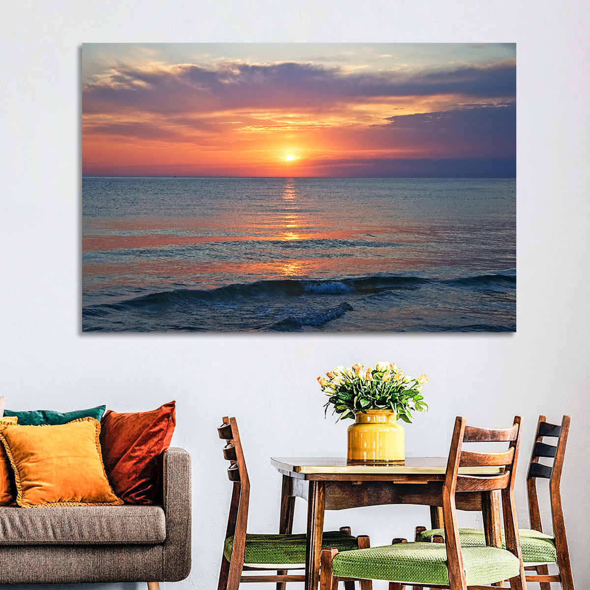 Lake Michigan Sunset Reflection Wall Art in a room, landscape